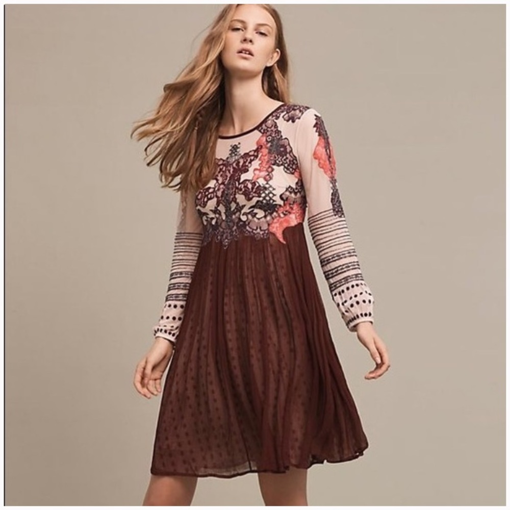 Anthropologie Floral Embroidered Dress - Brown and Pink